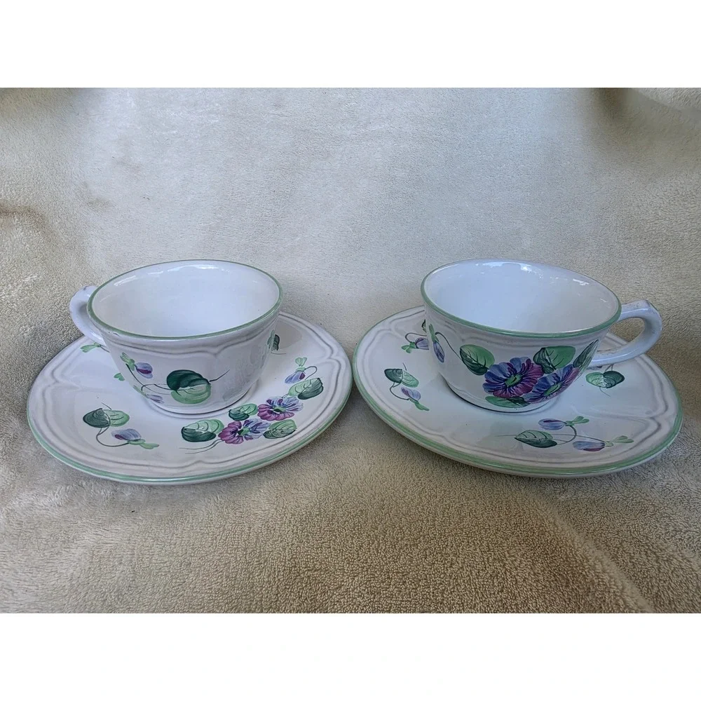 Herend Village Pottery Handpainted Tea Cups and Saucers Set of 2 Floral Hungary